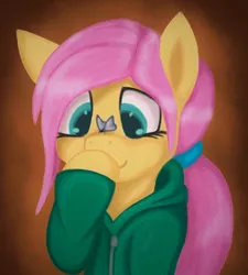 Size: 1006x1120 | Tagged: alternate hairstyle, artist:corvostawr, bust, butterfly, clothes, colored pupils, derpibooru import, fluttershy, hoodie, insect on nose, looking at something, ponytail, safe, solo