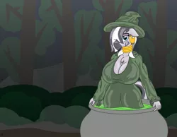 Size: 1280x994 | Tagged: anthro, artist:gunpowdergreentea, breasts, brew, busty zecora, cauldron, cleavage, clothes, costume, derpibooru import, female, hair over one eye, hat, looking at you, nightmare night, solo, solo female, suggestive, wet, witch, witch hat, zebra, zecora