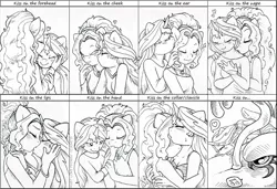 Size: 881x601 | Tagged: suggestive, artist:kaemantis, deleted from derpibooru, derpibooru import, adagio dazzle, sunset shimmer, anthro, siren, unguligrade anthro, unicorn, adoragio, cute, female, kiss meme, kissing meme, lesbian, mare, monochrome, shimmerbetes, shipping, sunsagio