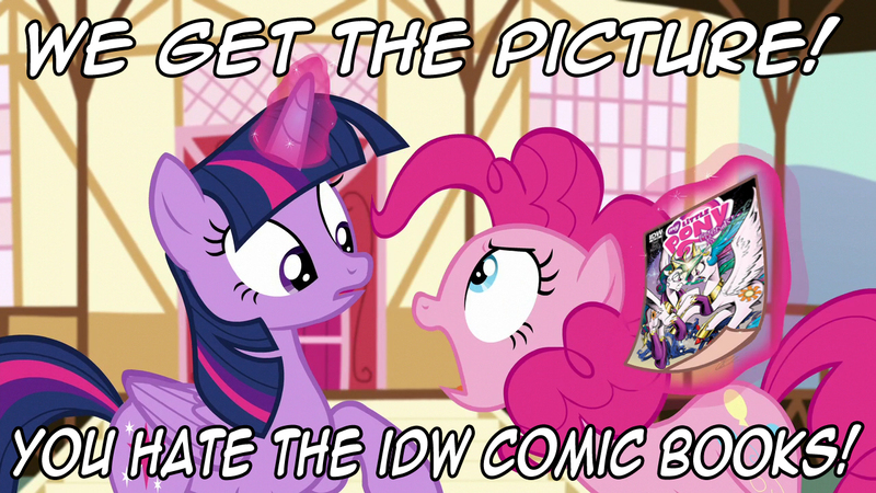 Size: 1280x720 | Tagged: safe, artist:andypriceart, derpibooru import, edit, edited screencap, idw, screencap, pinkie pie, twilight sparkle, twilight sparkle (alicorn), alicorn, pony, the one where pinkie pie knows, alternate universe, comic book, comic drama, drama, drama bait, duo focus, evil celestia, female, glowing horn, idw drama, image macro, levitation, magic, mare, meme, reaction image, reflections drama, yelling