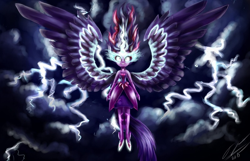 Size: 1000x644 | Tagged: safe, artist:yummiestseven65, derpibooru import, sci-twi, twilight sparkle, equestria girls, friendship games, clothes, dark magic, dress, fingerless gloves, gloves, glowing eyes, horn, lightning, magic, midnight sparkle, necklace, signature, solo, wings