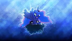 Size: 2560x1440 | Tagged: safe, artist:shaakuras, artist:somepony, derpibooru import, princess luna, alicorn, pony, luna eclipsed, abstract background, blue background, cloud, cloudy, cutie mark, female, happy, hooves, horn, jewelry, lying on a cloud, mare, on a cloud, open mouth, prone, regalia, sitting on cloud, solo, spread wings, tiara, vector, wallpaper, wings