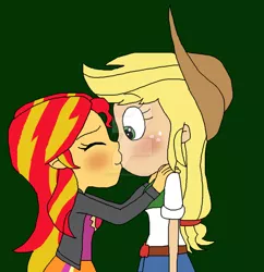 Size: 1024x1058 | Tagged: safe, artist:cutsiepie95, derpibooru import, applejack, sunset shimmer, equestria girls, appleshimmer, clothes, female, jacket, kissing, leather jacket, lesbian, shipping, watermark