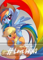 Size: 1280x1760 | Tagged: safe, artist:wicklesmack, derpibooru import, applejack, rainbow dash, earth pony, pegasus, pony, accessory swap, appledash, backwards cutie mark, cowboy hat, dexterous hooves, female, gay pride, gay pride flag, hat, lesbian, lovewins, piggyback ride, pride, shipping, stetson