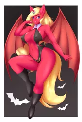 Size: 4000x5900 | Tagged: suggestive, artist:mleonheart, derpibooru import, oc, oc:scarlet rose, unofficial characters only, anthro, bat pony, vampire, anthro oc, armpits, bat wings, blonde, blue eyes, high heel boots, solo, vampirella