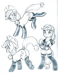 Size: 662x858 | Tagged: safe, artist:brianblackberry, derpibooru import, applejack, pony, bipedal, clothes, dock, fireproof boots, jersey, looking back, monochrome, open mouth, plot, sketch, smiling, socks, solo, traditional art, underhoof