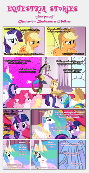 Size: 1919x3740 | Tagged: safe, artist:estories, derpibooru import, applejack, discord, fluttershy, pinkie pie, princess celestia, rainbow dash, rarity, twilight sparkle, twilight sparkle (alicorn), oc, oc:alice goldenfeather, alicorn, pony, comic:find yourself, comic, female, mane six, mare