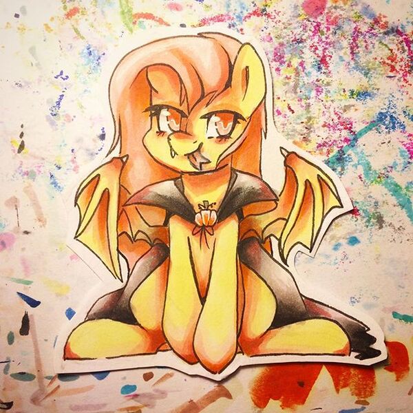 Size: 640x640 | Tagged: safe, artist:y0wai, derpibooru import, fluttershy, bat pony, pony, cape, clothes, flutterbat, sitting, solo, spread wings, tongue out, traditional art