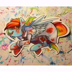 Size: 640x640 | Tagged: safe, artist:y0wai, derpibooru import, rainbow dash, clothes, coat, costume, cute little fangs, fake blood, fangs, flying, solo, traditional art