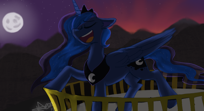 Size: 1218x667 | Tagged: artist:dietzombiebait, balcony, derpibooru import, eyes closed, floppy ears, moon, open mouth, princess luna, raised hoof, safe, singing, smiling, solo, sunset, twilight (astronomy)