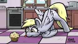 Size: 1920x1080 | Tagged: safe, artist:corsairsedge, derpibooru import, derpy hooves, pegasus, pony, face down ass up, female, kitchen, mare, muffin, solo, spread wings, tongue out