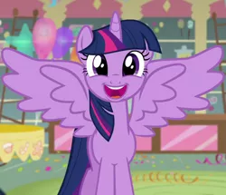 Size: 698x600 | Tagged: safe, derpibooru import, screencap, twilight sparkle, twilight sparkle (alicorn), alicorn, pony, the one where pinkie pie knows, adorkable, cute, dork, female, happy, hnnng, looking at you, mare, open mouth, solo, spread wings, sugarcube corner, twiabetes, weapons-grade cute