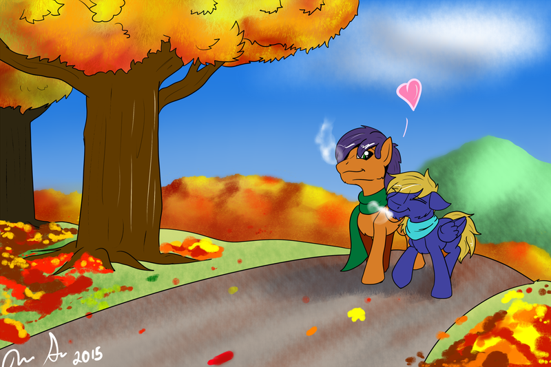 Size: 1920x1279 | Tagged: artist:jinyaranda, autumn, clothes, derpibooru import, gay, leaves, male, oc, oc:cloud quake, oc:lux, oc x oc, safe, scarf, scenery, shipping, tree, unofficial characters only, walkway