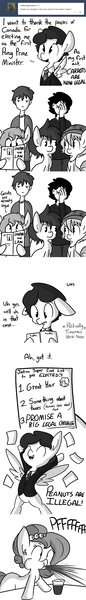 Size: 726x5082 | Tagged: safe, artist:tjpones, derpibooru import, oc, oc:brownie bun, ponified, earth pony, human, pony, horse wife, ask, canada, clothes, descriptive noise, evil, facepalm, horse noises, justin trudeau, meme, monochrome, politics, prime minister, spit take, suit, tumblr