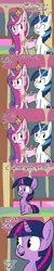 Size: 733x3665 | Tagged: safe, artist:tjpones, derpibooru import, princess cadance, shining armor, twilight sparkle, twilight sparkle (alicorn), alicorn, pony, unicorn, the one where pinkie pie knows, auntie twilight, blushing, comic, cute, dialogue, disgusted, ear fluff, eyes closed, female, fluffy, frown, get out, grin, male, mare, not creepy, open mouth, sitting, smiling, stallion, twiabetes, vulgar