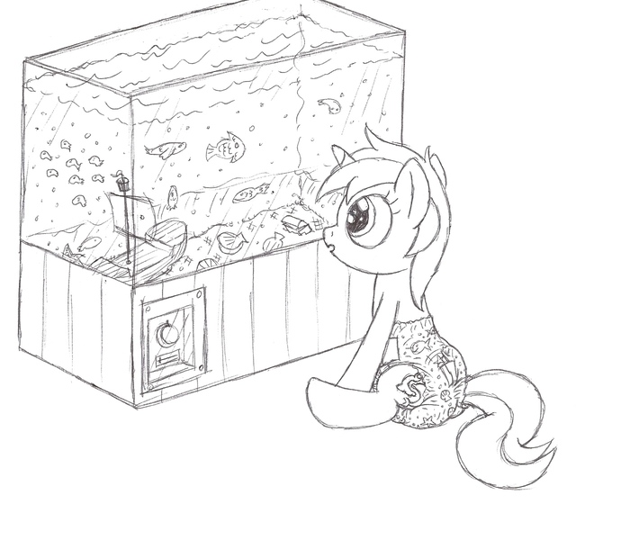 Size: 1400x1200 | Tagged: aquarium, artist:datspaniard, derpibooru import, diaper, diaper fetish, dolphin, fish, monochrome, poofy diaper, questionable, seafoam, sea swirl