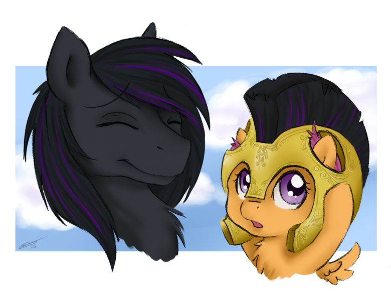 Size: 1300x1000 | Tagged: safe, artist:junkyardgypsy, artist:whipstitch, derpibooru import, scootaloo, oc, oc:rome silvanus, pegasus, pony, armor, commission, eyes closed, female, foal, helmet, male, multicolored hair, portrait, purple eyes, smiling