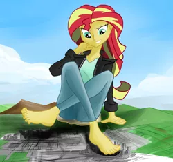 Size: 1534x1444 | Tagged: safe, artist:colonel-gabbo, derpibooru import, sunset shimmer, equestria girls, anatomically incorrect, barefoot, city, clothes, colored, commission, crossed legs, digital painting, drawing, feet, foot fetish, giantess, huge, leather jacket, long neck, looking down, macro, sitting, solo, this will end in death, this will end in pain