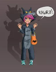 Size: 723x935 | Tagged: safe, artist:blurred-cat, derpibooru import, scootaloo, human, wolf, luna eclipsed, animal costume, candy, clothes, costume, halloween, humanized, nightmare night, scootawolf, solo, text, wolf costume