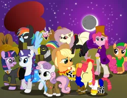 Size: 3300x2550 | Tagged: safe, artist:spellboundcanvas, derpibooru import, apple bloom, applejack, fluttershy, pinkie pie, rainbow dash, rarity, scootaloo, sweetie belle, twilight sparkle, bat pony, earth pony, pegasus, pony, unicorn, vampire, alternate hairstyle, batman, belt, bipedal, boots, bowtie, braid, cane, clothes, confused, costume, cowboy boots, cowboy hat, crescent moon, crossover, cute, cutie mark crusaders, dc comics, disney, dracula, ear tufts, elsa, eye contact, eyes closed, fangs, female, filly, five nights at freddy's, five nights at freddy's 2, floating, flower, flower in hair, flutterbat, flying, freckles, frozen (movie), ghostbusters, glasses, grin, gryffindor, harry potter, hat, jessie (toy story), link, looking at each other, looking back, mane six, mangle, mare, moon, night, night sky, nightmare night, nightmare night costume, nintendo, peace sign, petting, pixar, queen elsarity, race swap, raised eyebrow, raised hoof, raised leg, red eyes, shoes, shyabates, shyabetes, skirt, smiling, smirk, spread wings, squee, stars, stetson, the legend of zelda, toy story, unicorn twilight, willy wonka, wings, woody