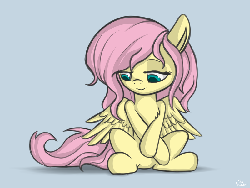 Size: 1600x1200 | Tagged: safe, artist:luminousdazzle, derpibooru import, fluttershy, chest fluff, cute, shy, shyabetes, simple background, sitting, solo