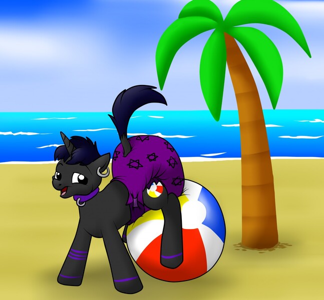 Size: 1280x1187 | Tagged: artist:pidgopidgey, beach, beach ball, collar, derpibooru import, diaper, diaper fetish, earring, oc, palm tree, piercing, poofy diaper, questionable, tree, unofficial characters only