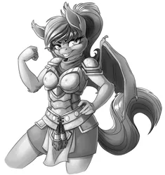 Size: 1174x1250 | Tagged: safe, artist:pusspuss, derpibooru import, oc, oc:stella, oc:stella sabre, unofficial characters only, anthro, bat pony, anthro oc, armor, armor skirt, belt, clothes, cute, grayscale, grin, hand on hip, monochrome, ponytail, skirt, solo