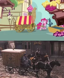 Size: 732x882 | Tagged: comparison, derpibooru import, django, django unchained, horse, horses doing horse things, irl horse, movie reference, pinkie pie, pony pulls the wagon, safe, screencap, the one where pinkie pie knows, wagon