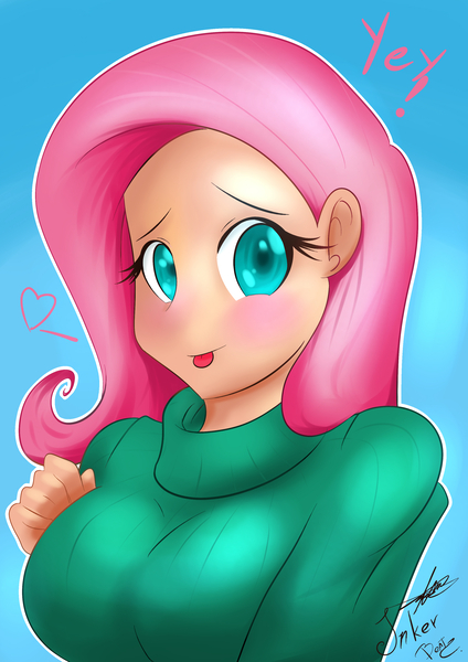 Size: 2480x3507 | Tagged: artist:thearcano13, breasts, busty fluttershy, clothes, derpibooru import, female, fluttershy, human, humanized, safe, solo, sweater, sweatershy, yay