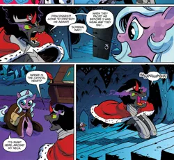 Size: 1370x1258 | Tagged: safe, artist:andypriceart, derpibooru import, idw, king sombra, radiant hope, pony, unicorn, siege of the crystal empire, spoiler:comic, spoiler:comic35, angry, ascended meme, cape, cloak, clothes, comic, duo, female, frown, glare, glowing eyes, male, mare, official comic, open mouth, pronking, smiling, smirk, stairs, stallion, that pony sure does love stairs