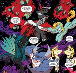 Size: 1374x1324 | Tagged: safe, artist:andypriceart, derpibooru import, idw, flam, flim, iron will, king sombra, lightning dust, queen chrysalis, changeling, changeling queen, minotaur, pegasus, pony, umbrum, unicorn, siege of the crystal empire, spoiler:comic, spoiler:comic35, antagonist, eyes closed, facial hair, female, flim flam brothers, male, mare, moustache, nose piercing, nose ring, official comic, piercing, smoke, speech bubble, stallion