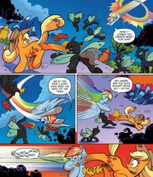 Size: 1380x1591 | Tagged: safe, artist:andypriceart, derpibooru import, idw, applejack, rainbow dash, changeling, earth pony, pegasus, pony, siege of the crystal empire, spoiler:comic, spoiler:comic35, abuse, buck, comic, dashabuse, female, fight, mare, official comic, sonic rainboom, starry eyes, tongue out, wingding eyes