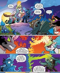 Size: 1381x1677 | Tagged: safe, artist:andypriceart, derpibooru import, idw, king sombra, princess celestia, princess luna, queen chrysalis, alicorn, changeling, changeling queen, pony, unicorn, siege of the crystal empire, spoiler:comic, spoiler:comic35, comic, female, magic, male, mare, official comic, royal sisters, stallion