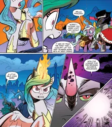 Size: 1377x1559 | Tagged: safe, artist:andypriceart, derpibooru import, idw, king sombra, princess celestia, princess luna, queen chrysalis, radiant hope, alicorn, changeling, changeling queen, pony, umbrum, unicorn, siege of the crystal empire, spoiler:comic, spoiler:comic35, comic, female, glowing horn, magic, male, mare, official comic, stallion