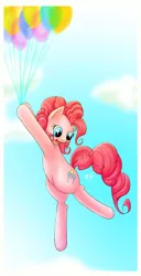 Size: 1375x2686 | Tagged: artist:ms-seven0, balloon, derpibooru import, floating, pinkie pie, safe, sky, smiling, solo, then watch her balloons lift her up to the sky