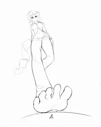 Size: 1869x2357 | Tagged: anthro, artist:jj-psychotic, barefoot, belly button, clothes, crush fetish, derpibooru import, feet, foot fetish, giantess, human, macro, micro, monochrome, plantigrade anthro, rarity, simple background, soles, stomp, suggestive, toes, unaware, white background