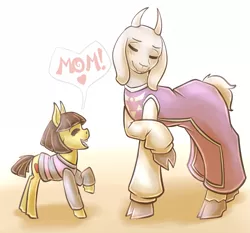 Size: 857x800 | Tagged: artist:countaile, blushing, clothes, cloven hooves, cute, derpibooru import, eyes closed, frisk, goat, heart, open mouth, ponified, raised hoof, safe, smiling, toriel, undertale