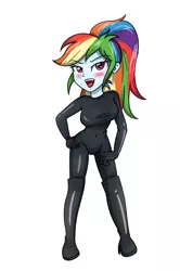 Size: 2480x3744 | Tagged: suggestive, artist:sumin6301, derpibooru import, rainbow dash, equestria girls, alternate hairstyle, breasts, busty rainbow dash, catsuit, clothes, female, hand on hip, latex, lidded eyes, lipstick, looking at you, open mouth, ponytail, sexy, simple background, solo, tight clothing, white background