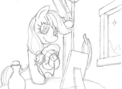 Size: 1280x931 | Tagged: applejack, artist:nauth, bedroom, derpibooru import, hat, monochrome, portrait, safe