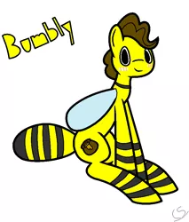Size: 732x860 | Tagged: artist:clouded skies, bee pony, blushing, blush sticker, bug pony, cute, derpibooru import, digital art, looking at you, ms paint, oc, oc:bumbly, original species, safe, sitting, solo, stripes, unofficial characters only