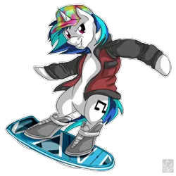 Size: 2610x2609 | Tagged: safe, artist:stormblaze-pegasus, derpibooru import, vinyl scratch, pony, unicorn, back to the future, back to the future part 2, background pony, baseball cap, bipedal, clothes, costume, crossover, hat, hoverboard, jacket, marty mcfly, simple background, solo, transparent background