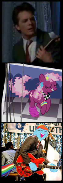 Size: 339x987 | Tagged: 1000 hours in ms paint, 80s, 80s cheerilee, back to the future, cheerilee, derpibooru import, edit, electric guitar, guitar, marty mcfly, ms paint, photo, rainbow dash, safe, screencap comic