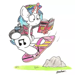 Size: 1583x1575 | Tagged: safe, artist:bobthedalek, derpibooru import, vinyl scratch, pony, unicorn, back to the future, back to the future part 2, book, cap, clothes, hat, hoverboard, jacket, solo, sports almanac, traditional art