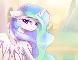 Size: 1024x785 | Tagged: safe, artist:magnaluna, derpibooru import, princess celestia, alicorn, pony, beautiful, bedroom eyes, bust, chest fluff, colored pupils, cute, cutelestia, ear fluff, female, looking at you, mare, shoulder fluff, smiling, solo, sun, wing fluff