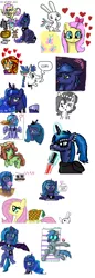 Size: 578x1683 | Tagged: safe, artist:another_woo, derpibooru import, angel bunny, fluttershy, oleander (tfh), princess luna, shining armor, sunset shimmer, tree hugger, velvet reindeer, oc, oc:browny bun, unnamed oc, classical unicorn, deer, reindeer, them's fightin' herds, equestria girls, blushing, carrot, community related, compilation, cutie mark, dark side, doodle, face paint, filly, flockmod, heart, leonine tail, lightsaber, music notes, radio, seashell, sunglasses, woona