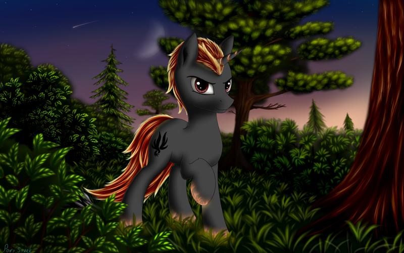 Size: 3200x2000 | Tagged: safe, artist:pony-stark, derpibooru import, oc, oc:shadowed ember, unofficial characters only, pony, unicorn, evening, fire, grass, looking at you, male, moon, outdoors, raised hoof, shooting star, sky, smirk, solo, stallion, stars, tree, twilight (astronomy)