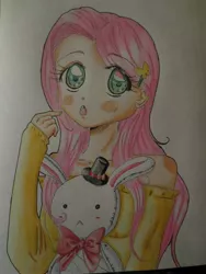 Size: 3456x4608 | Tagged: artist:nozomifujimiya, clothes, derpibooru import, fluttershy, human, humanized, off shoulder, safe, solo, sweater, sweatershy, traditional art