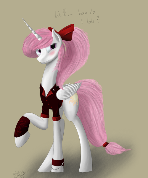 Size: 2500x3000 | Tagged: alternate hairstyle, artist:majormuffin, blushing, clothes, derpibooru import, looking at you, pink-mane celestia, ponytail, princess celestia, safe, shirt, simple background, solo, younger