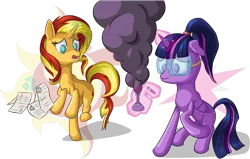 Size: 3661x2334 | Tagged: safe, artist:itresad, derpibooru import, sunset shimmer, twilight sparkle, twilight sparkle (alicorn), alicorn, pony, unicorn, cutie mark, duo, erlenmeyer flask, flask, goggles, horn, levitation, magic, open mouth, paper, raised hoof, research, science, simple background, smoke, test tube, transparent background