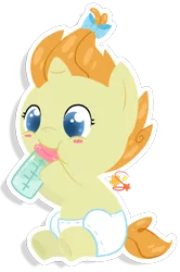 Size: 424x639 | Tagged: safe, artist:mochi--pon, derpibooru import, pumpkin cake, pony, baby, baby pony, bottle, cute, diaper, foal, solo